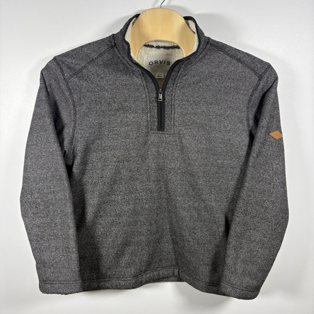 Orvis Mens XL Sherpa Lined Quarter Zip Pullover Textured Knit Grey - Picture 2 of 5